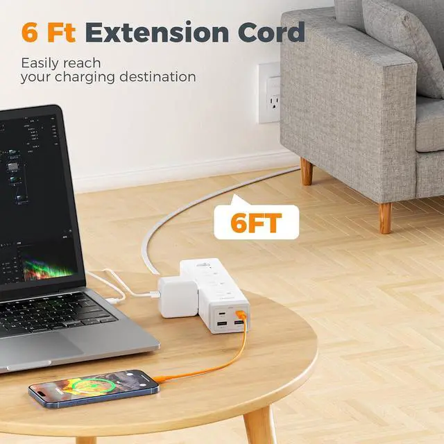 Alt view image 6 of 7 - TESSAN Surge Protector Power Strip with 1050J Protection, 6 Ft, Grey | 9 Outlets with 4 USB (2 USB C), Flat Plug Extension Cord, 20W Multiple Charging Station for Home, Office, College Dorm Room
