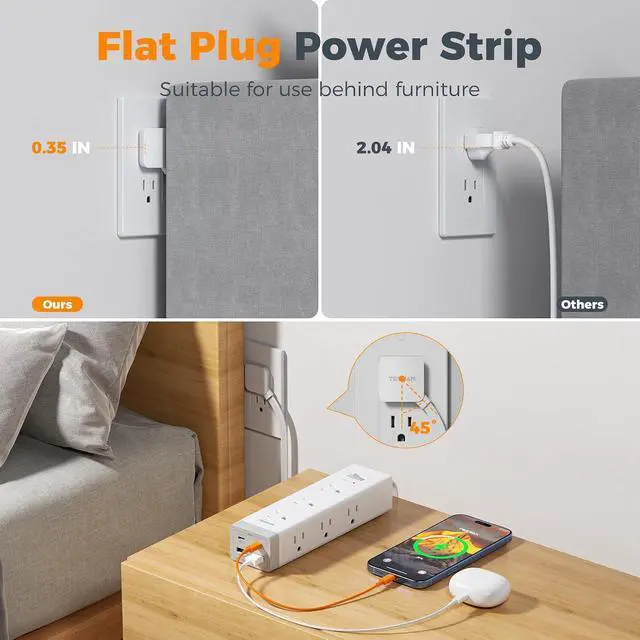 Alt view image 7 of 7 - TESSAN Surge Protector Power Strip with 1050J Protection, 6 Ft, Grey | 9 Outlets with 4 USB (2 USB C), Flat Plug Extension Cord, 20W Multiple Charging Station for Home, Office, College Dorm Room
