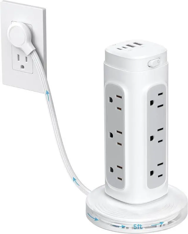 Main image of TROND Retractable Power Strip Tower 5 ft for Easy Cable Management, White | Space-Saving Vertical Tower Surge Protector 1700J, Flat Plug, 12 AC, 4 USB PD 20W, Home Office Desk Dorm Room Essentials
