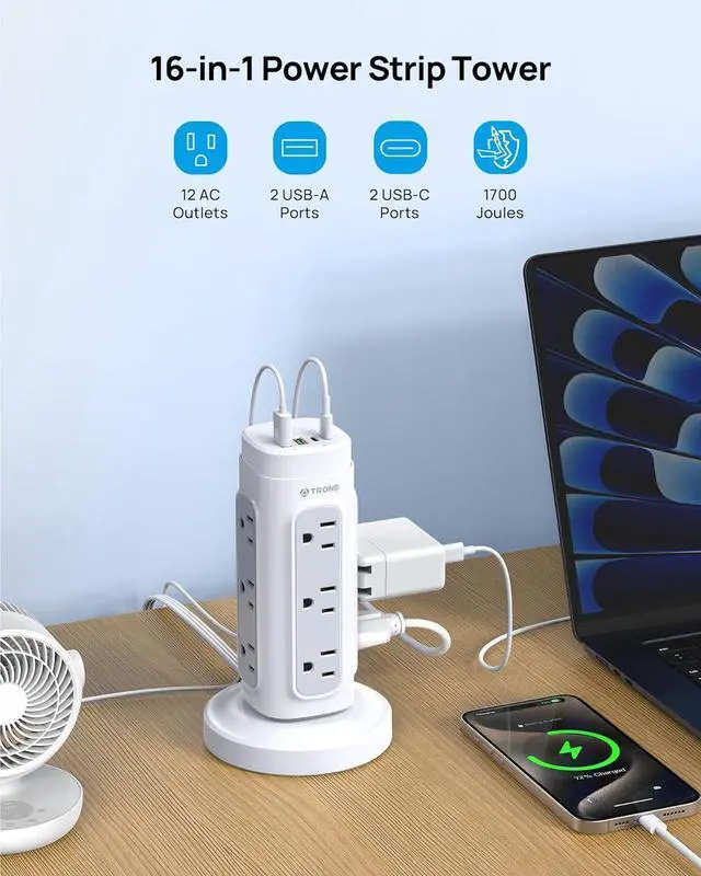 Alt view image 2 of 7 - TROND Retractable Power Strip Tower 5 ft for Easy Cable Management, White | Space-Saving Vertical Tower Surge Protector 1700J, Flat Plug, 12 AC, 4 USB PD 20W, Home Office Desk Dorm Room Essentials