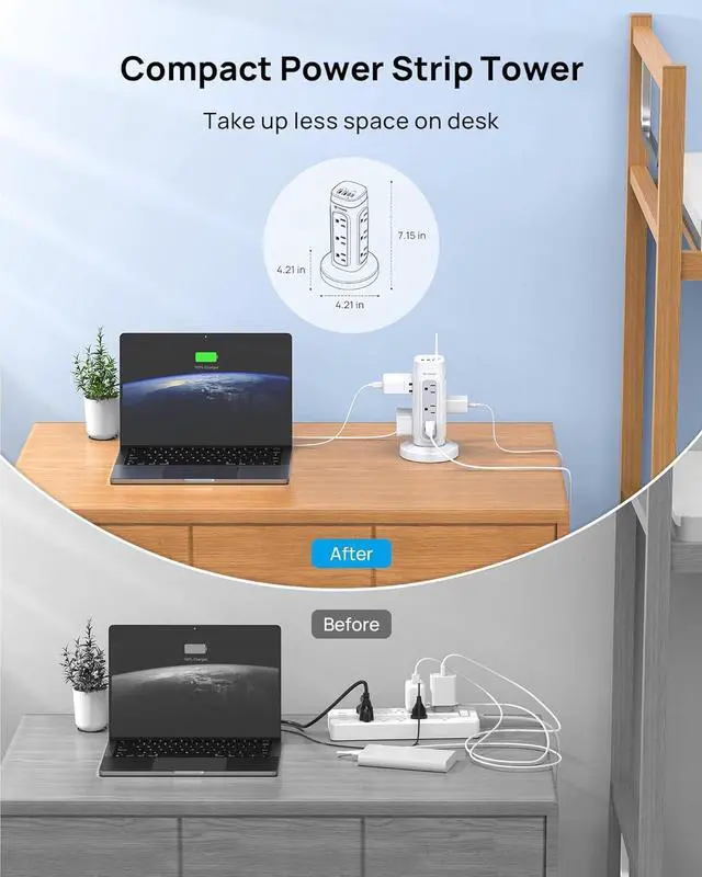 Alt view image 5 of 7 - TROND Retractable Power Strip Tower 5 ft for Easy Cable Management, White | Space-Saving Vertical Tower Surge Protector 1700J, Flat Plug, 12 AC, 4 USB PD 20W, Home Office Desk Dorm Room Essentials