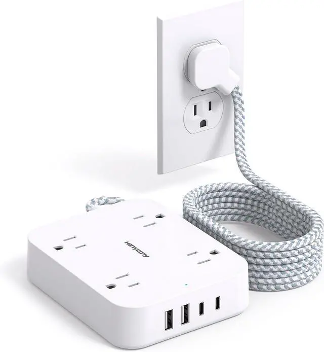 Main image of 10 Ft Extension Cord, Flat Power Strip with 4 Outlets 4 USB Ports (2 USB C) | Ultra Thin Flat Plug, Wall Mount, Multi Plug Outlet Extender Desk Charging Station for Office Travel Dorm Room Essentials