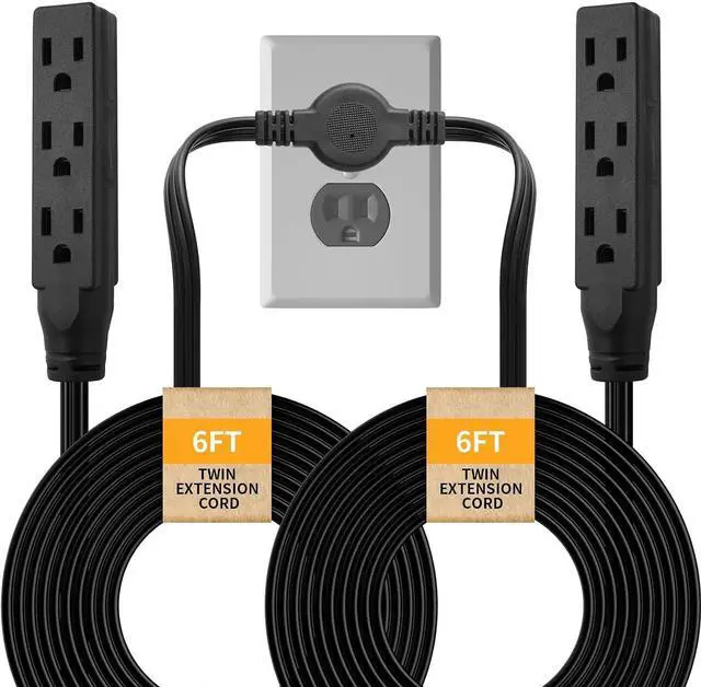 Main image of Twin Extension Cord, 12 Ft Flat Wall Plug, 6 Feet on Each Side, 3 Prong Power Strip with 6 Outlets, Double Extension Cord Splitter for Behind Bed, Couch, Nightstand, Furniture, Black