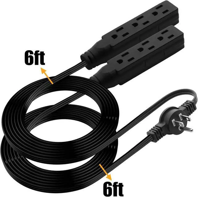 Alt view image 2 of 7 - Twin Extension Cord, 12 Ft Flat Wall Plug, 6 Feet on Each Side, 3 Prong Power Strip with 6 Outlets, Double Extension Cord Splitter for Behind Bed, Couch, Nightstand, Furniture, Black