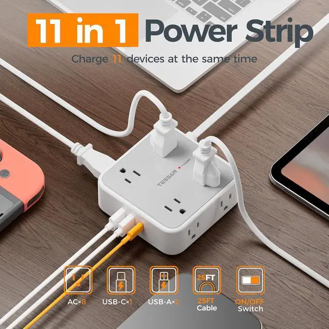 Alt view image 2 of 7 - TESSAN Surge Protector Power Strip with 900J Surge Protection, 25 Ft, Grey | 8 AC with 3 USB Ports (1 USB C 20W PD), Flat Plug Extension Cord, 3 Sided Outlet Extender with Power Switch