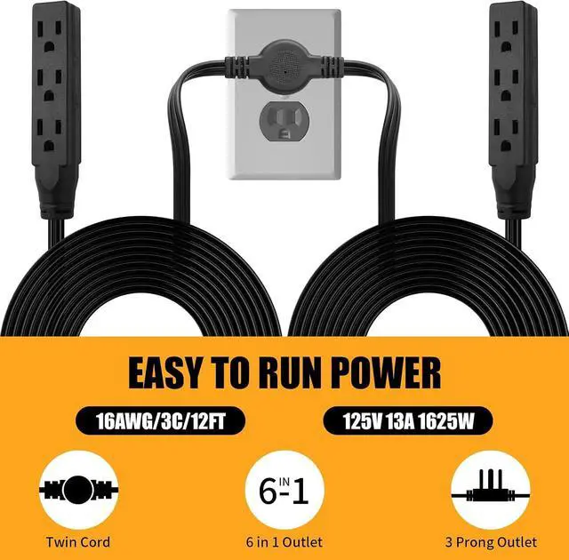 Alt view image 7 of 7 - Twin Extension Cord, 12 Ft Flat Wall Plug, 6 Feet on Each Side, 3 Prong Power Strip with 6 Outlets, Double Extension Cord Splitter for Behind Bed, Couch, Nightstand, Furniture, Black