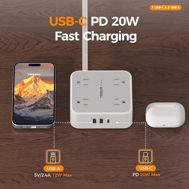 Alt view image 3 of 7 - TESSAN Surge Protector Power Strip with 900J Surge Protection, 15 Ft, Grey | 8 AC with 3 USB Ports (1 USB C 20W PD), Flat Plug Extension Cord, 3 Sided Outlet Extender with Power Switch