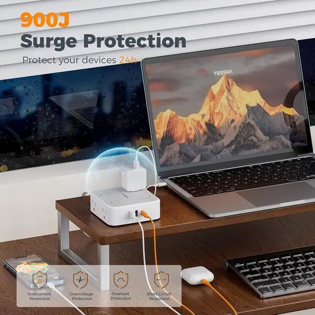 Alt view image 4 of 7 - TESSAN Surge Protector Power Strip with 900J Surge Protection, 15 Ft, Grey | 8 AC with 3 USB Ports (1 USB C 20W PD), Flat Plug Extension Cord, 3 Sided Outlet Extender with Power Switch