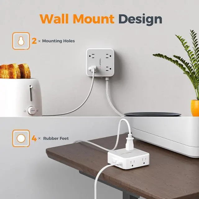Alt view image 7 of 7 - TESSAN Surge Protector Power Strip with 900J Surge Protection, 15 Ft, Grey | 8 AC with 3 USB Ports (1 USB C 20W PD), Flat Plug Extension Cord, 3 Sided Outlet Extender with Power Switch