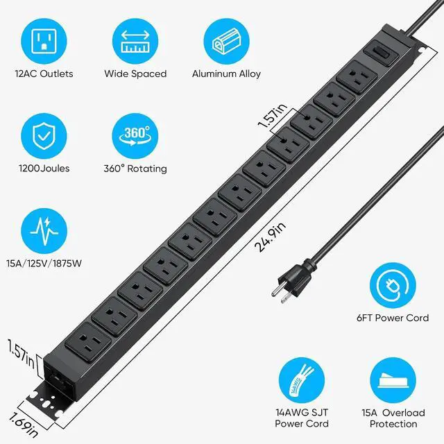 Alt view image 2 of 7 - HHSOET 360° Rotating 12 Outlet Mountable Power Strip, Aluminum Alloy Long Power Strip,1200J, Heavy Duty Wall Mount Surge Protector with Switch, 6ft Power Cord.