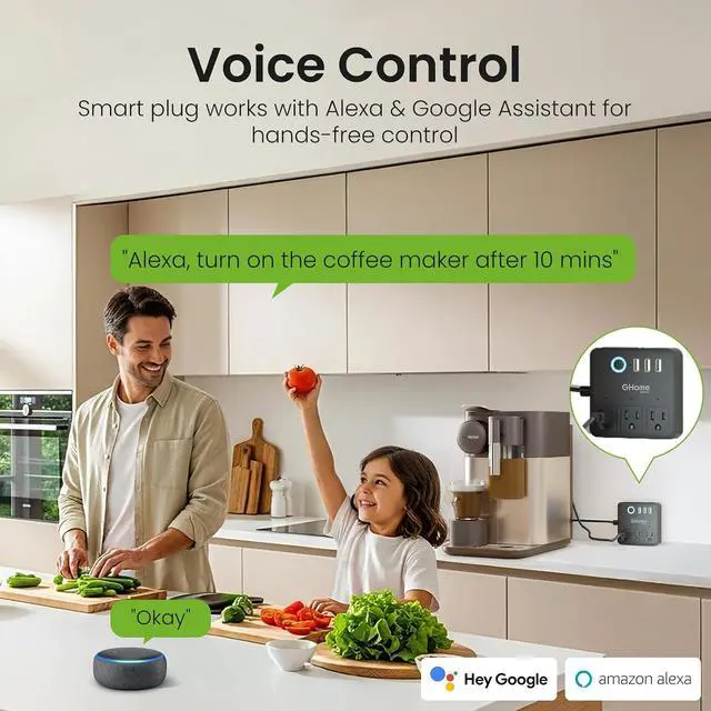 Alt view image 2 of 7 - GHome Smart Power Strip with 3 WiFi Outlets & 3 USB, Alexa & Google Home Compatible, ETL Listed Surge Protector Power Strip, App & Timer Control, Ideal for Lamps, Coffee Makers & Office (2.4GHz Only)