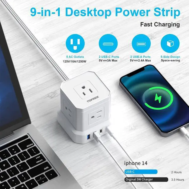 Alt view image 3 of 7 - Power Strip 25 FT Extra Long Extension Cord | Flat Plug Surge Protector (700J) with 5 Outlets, 2 USB-C, 2 USB-A for Apartment, Home Office, Recreational Vehicle