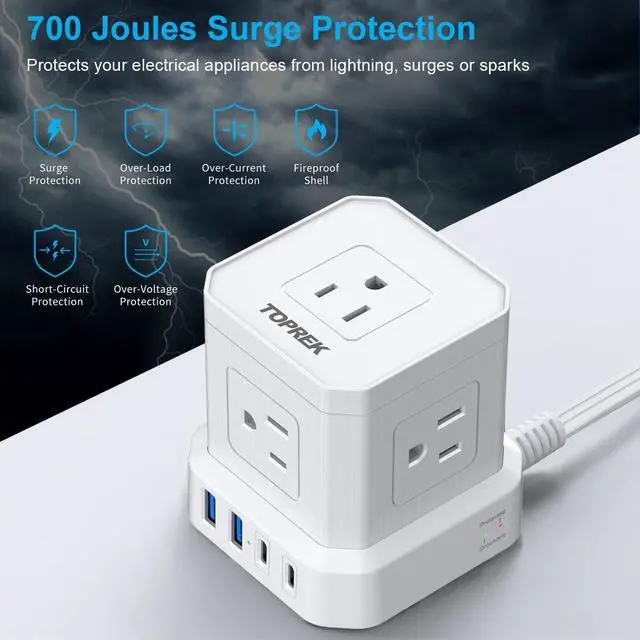 Alt view image 5 of 7 - Power Strip 25 FT Extra Long Extension Cord | Flat Plug Surge Protector (700J) with 5 Outlets, 2 USB-C, 2 USB-A for Apartment, Home Office, Recreational Vehicle