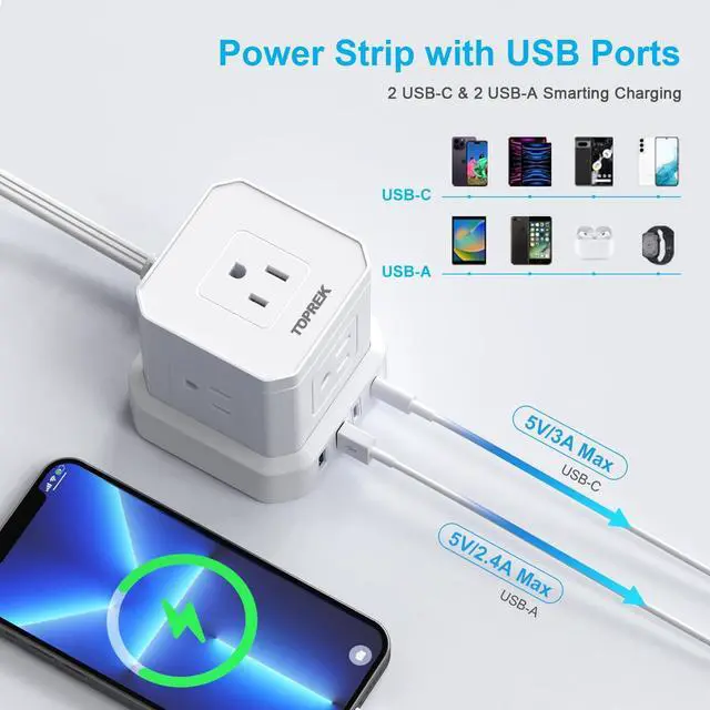 Alt view image 4 of 7 - Power Strip 25 FT Extra Long Extension Cord | Flat Plug Surge Protector (700J) with 5 Outlets, 2 USB-C, 2 USB-A for Apartment, Home Office, Recreational Vehicle