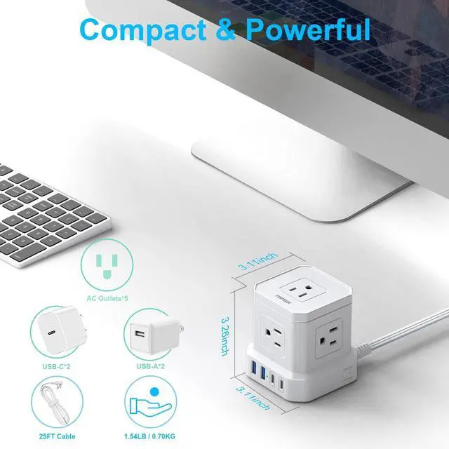 Alt view image 7 of 7 - Power Strip 25 FT Extra Long Extension Cord | Flat Plug Surge Protector (700J) with 5 Outlets, 2 USB-C, 2 USB-A for Apartment, Home Office, Recreational Vehicle