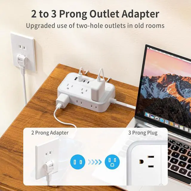 Alt view image 7 of 7 - NTONPOWER Extension Cord 15 FT, 1875W Two Prong to Three Prong Outlet Adapter, Power Strip, Rotating Plug 2 Prong Extension Cord with 4 USB Ports(2 USB C), for Old House