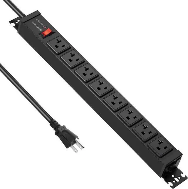 Main image of JUNNUJ 12 Gauge 360° Rotating Mountable Power Strip, Black, 15 FT, 1 | 8 Outlet, Heavy Duty Metal Surge Protector, Extension Cord with Multiple Outlets, High Amp, 4800J for Garage Shop Industrial