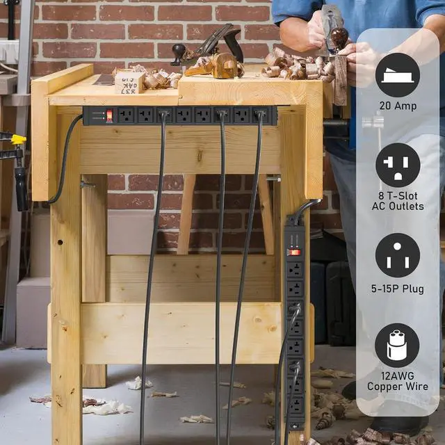 Alt view image 3 of 7 - JUNNUJ 12 Gauge 360° Rotating Mountable Power Strip, Black, 15 FT, 1 | 8 Outlet, Heavy Duty Metal Surge Protector, Extension Cord with Multiple Outlets, High Amp, 4800J for Garage Shop Industrial