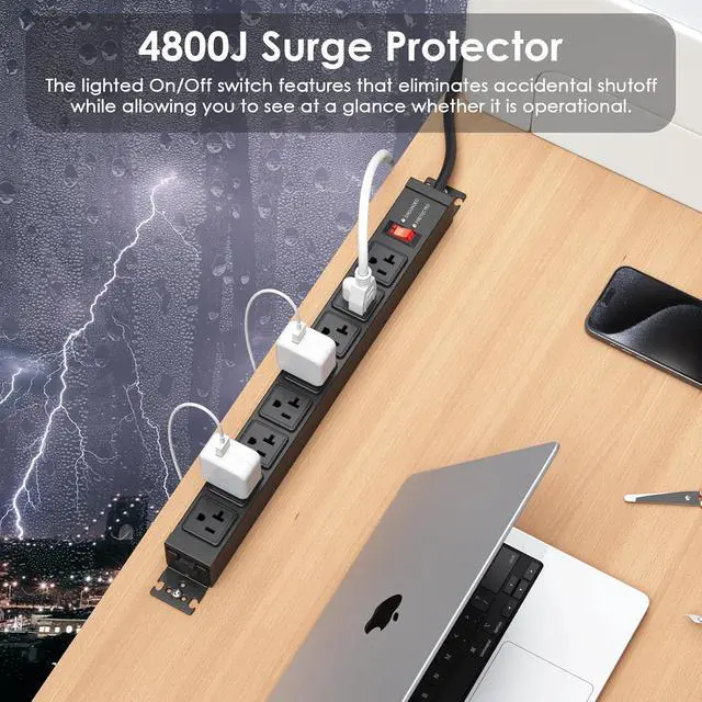 Alt view image 5 of 7 - JUNNUJ 12 Gauge 360° Rotating Mountable Power Strip, Black, 15 FT, 1 | 8 Outlet, Heavy Duty Metal Surge Protector, Extension Cord with Multiple Outlets, High Amp, 4800J for Garage Shop Industrial