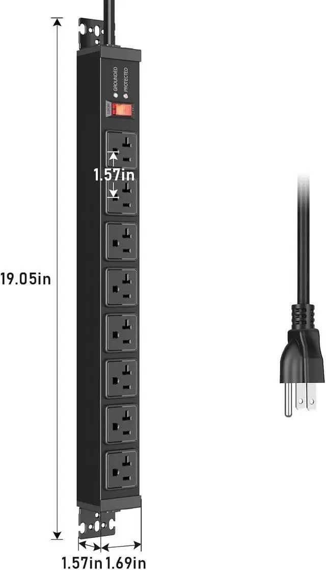 Alt view image 7 of 7 - JUNNUJ 12 Gauge 360° Rotating Mountable Power Strip, Black, 15 FT, 1 | 8 Outlet, Heavy Duty Metal Surge Protector, Extension Cord with Multiple Outlets, High Amp, 4800J for Garage Shop Industrial