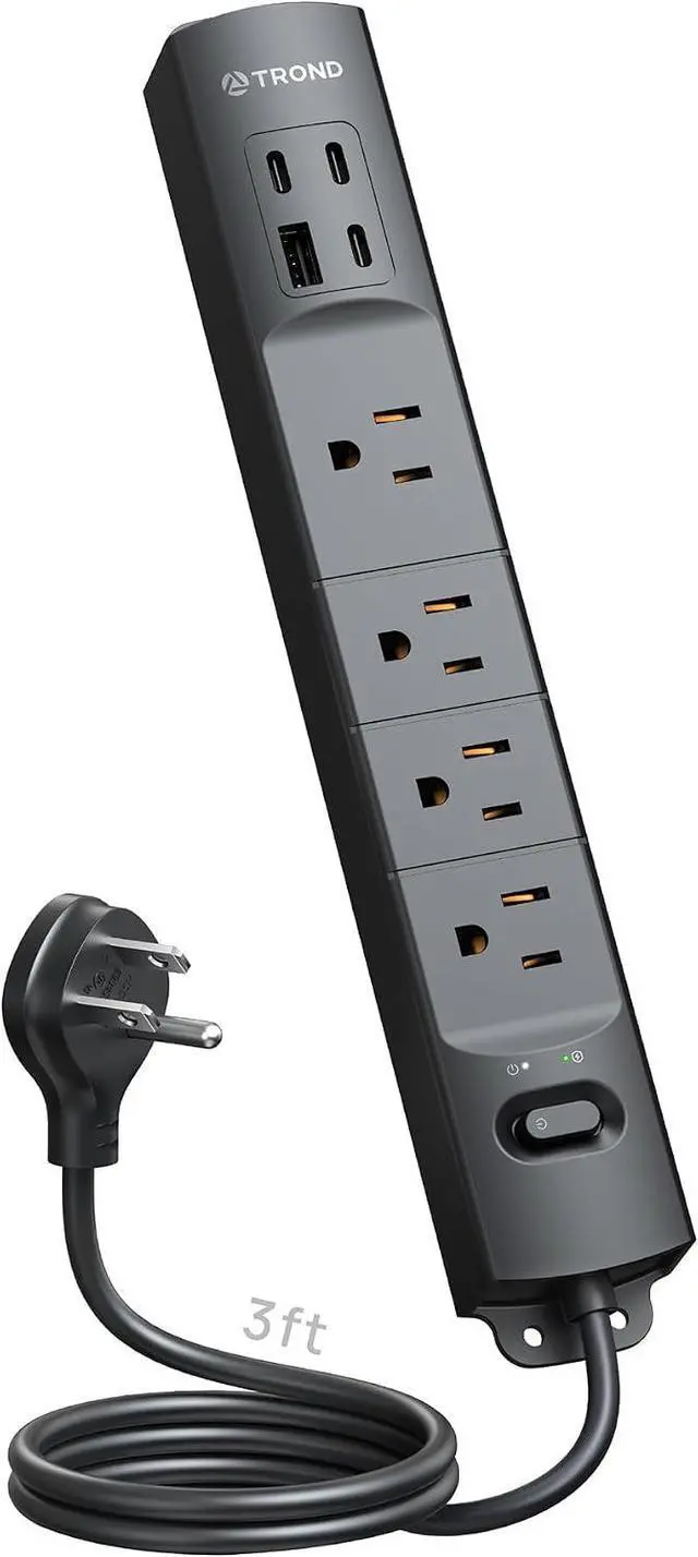 Main image of TROND Wall Mount Power Strip Surge Protector with USB C Ports, 4 AC, 3 ft | Low Profile Plug, 4 USB, 1440 Joules, Black Extension Cord for Home Office Dorm Under Desk Cable Management Tray, ETL Listed