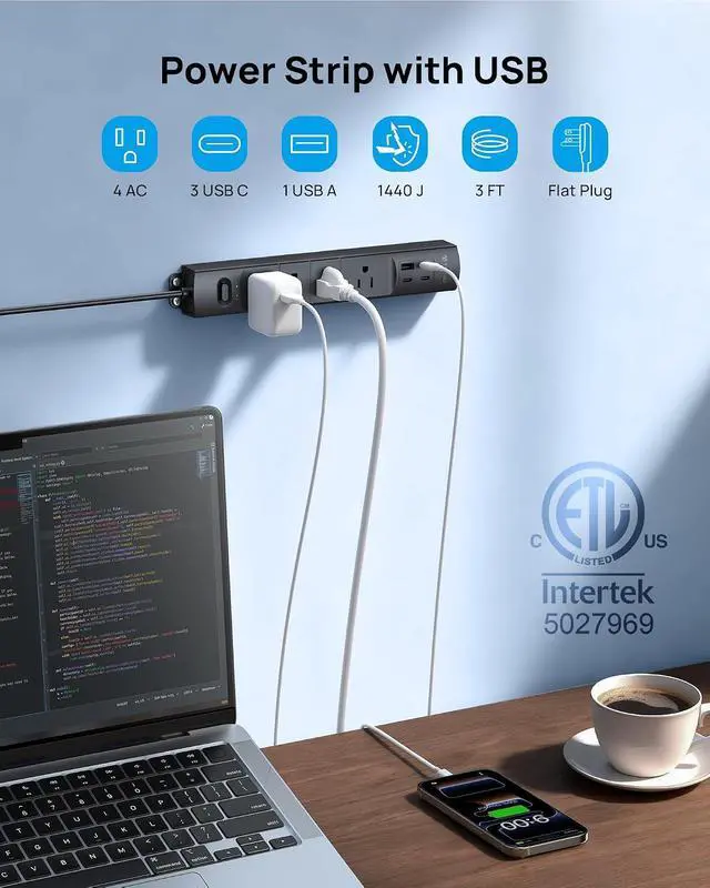 Alt view image 2 of 7 - TROND Wall Mount Power Strip Surge Protector with USB C Ports, 4 AC, 3 ft | Low Profile Plug, 4 USB, 1440 Joules, Black Extension Cord for Home Office Dorm Under Desk Cable Management Tray, ETL Listed