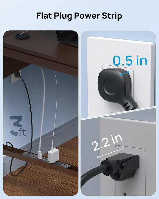 Alt view image 3 of 7 - TROND Wall Mount Power Strip Surge Protector with USB C Ports, 4 AC, 3 ft | Low Profile Plug, 4 USB, 1440 Joules, Black Extension Cord for Home Office Dorm Under Desk Cable Management Tray, ETL Listed