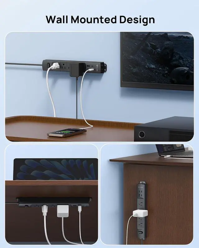Alt view image 5 of 7 - TROND Wall Mount Power Strip Surge Protector with USB C Ports, 4 AC, 3 ft | Low Profile Plug, 4 USB, 1440 Joules, Black Extension Cord for Home Office Dorm Under Desk Cable Management Tray, ETL Listed