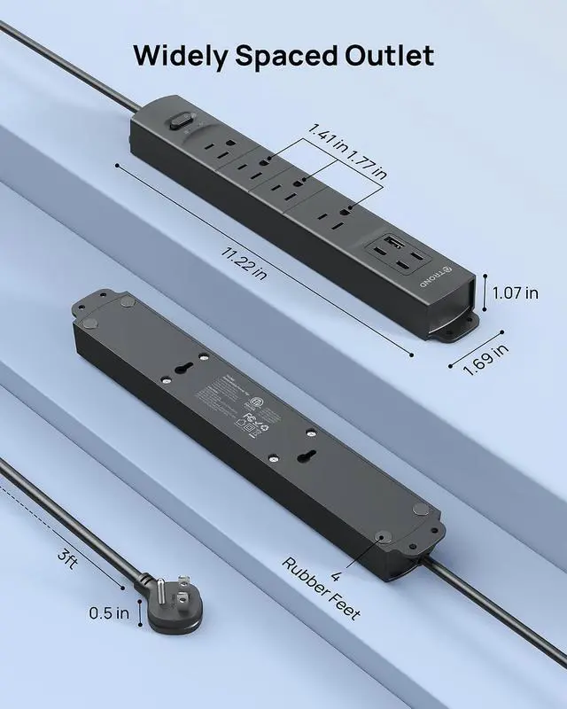 Alt view image 7 of 7 - TROND Wall Mount Power Strip Surge Protector with USB C Ports, 4 AC, 3 ft | Low Profile Plug, 4 USB, 1440 Joules, Black Extension Cord for Home Office Dorm Under Desk Cable Management Tray, ETL Listed