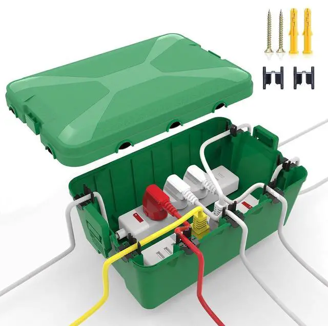 Main image of Large Outdoor Waterproof Electrical Box(12.9X 8.3 x 5.2 inch), IP54 Weatherproof Extension Cord Cover with 7 Cable Seal Entry, Protect Power Strip, Timer Outlet Plug, Holiday Light Decoration, Green