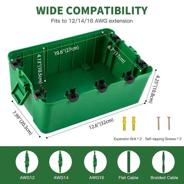 Alt view image 2 of 7 - Large Outdoor Waterproof Electrical Box(12.9X 8.3 x 5.2 inch), IP54 Weatherproof Extension Cord Cover with 7 Cable Seal Entry, Protect Power Strip, Timer Outlet Plug, Holiday Light Decoration, Green