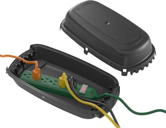 Main image of D-Line Outdoor Weatherproof Electrical Cable Box, IP54 Rated for Safe Outdoor Use, Power Strip Enclosure, Plug Protector, Garden Extension Cord Cover - 11.4in (L) x 4.92in (W) x 4.33in (H) - Black