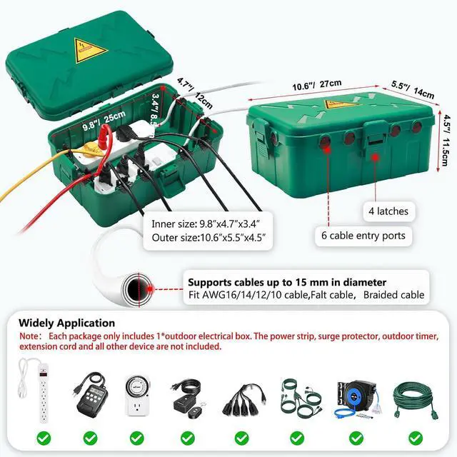 Alt view image 2 of 7 - Hrensaw Large Outdoor Electrical Box(12.5x8.5x5inch),IP54 Waterproof Outdoor Outlet Covers,Weatherproof Extension Cord Covers Protect Outlet,Plug,Timer,Power Strip,Holiday Light,Green