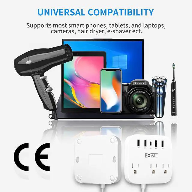 Alt view image 5 of 7 - European Travel Plug Adapter, FOVAL EU UK US Power Strip with USB C and 4 USB Ports, 3 AC Outlets, Wall Mountable, 5ft Extension Cord, Compact for Travel, Cruise Ship, Home Office (White)