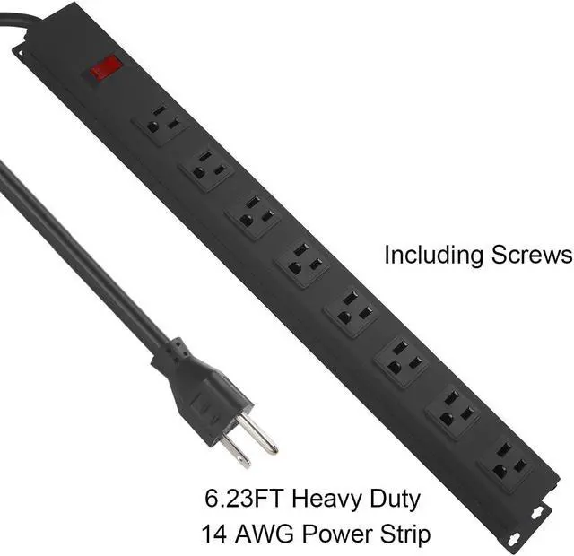 Alt view image 4 of 7 - HHOSET Heavy Duty Long 8 Outlets, 14AWG Extension Cord, Black, 10FT, 1 | Metal, Wall Mountable Power Strips with Surge Protection, Switch, Office Under Desk Accessories, Wide Spaced
