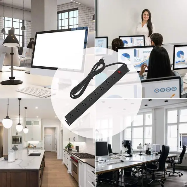 Alt view image 7 of 7 - HHOSET Heavy Duty Long 8 Outlets, 14AWG Extension Cord, Black, 10FT, 1 | Metal, Wall Mountable Power Strips with Surge Protection, Switch, Office Under Desk Accessories, Wide Spaced