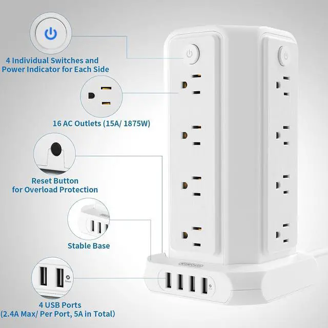 Alt view image 2 of 7 - 10 FT Extension Cord Power Strip Tower, 16 Widely Outlets 1875W 15A, Flat Plug Surge Protector with 4 USB Ports, Individual Switches, 1080 Joules, Overload Protection for Home Office Desktop, White