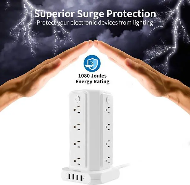 Alt view image 6 of 7 - 10 FT Extension Cord Power Strip Tower, 16 Widely Outlets 1875W 15A, Flat Plug Surge Protector with 4 USB Ports, Individual Switches, 1080 Joules, Overload Protection for Home Office Desktop, White