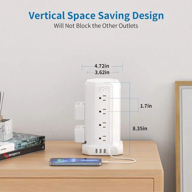 Alt view image 7 of 7 - 10 FT Extension Cord Power Strip Tower, 16 Widely Outlets 1875W 15A, Flat Plug Surge Protector with 4 USB Ports, Individual Switches, 1080 Joules, Overload Protection for Home Office Desktop, White