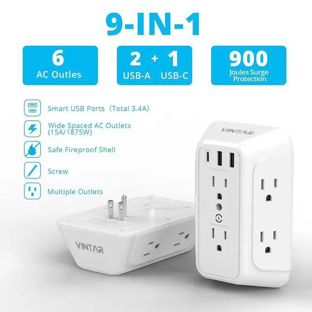 Alt view image 2 of 6 - VINTAR Outlet Extender, 6 Outlets Wall Charger with 3 USB(1 USB C,3.4A) | Multi Plug Wall Outlet, USB Wall Charger, 3 Way Plug Adapter, 900J Surge Protector for Home Travel Office ETL Listed