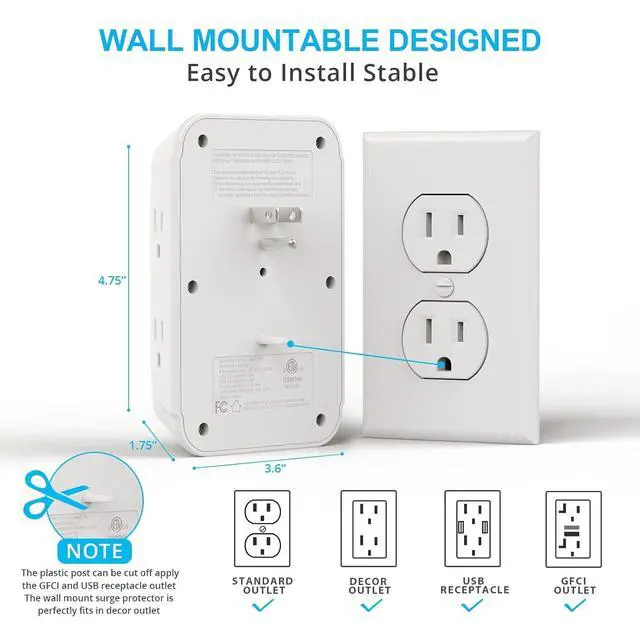 Alt view image 4 of 6 - VINTAR Outlet Extender, 6 Outlets Wall Charger with 3 USB(1 USB C,3.4A) | Multi Plug Wall Outlet, USB Wall Charger, 3 Way Plug Adapter, 900J Surge Protector for Home Travel Office ETL Listed