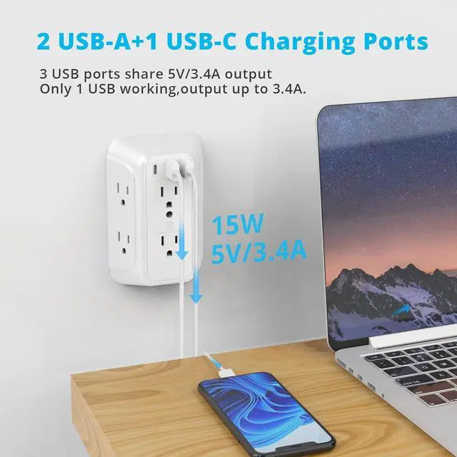 Alt view image 3 of 6 - VINTAR Outlet Extender, 6 Outlets Wall Charger with 3 USB(1 USB C,3.4A) | Multi Plug Wall Outlet, USB Wall Charger, 3 Way Plug Adapter, 900J Surge Protector for Home Travel Office ETL Listed
