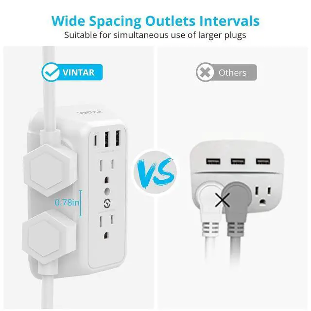 Alt view image 6 of 6 - VINTAR Outlet Extender, 6 Outlets Wall Charger with 3 USB(1 USB C,3.4A) | Multi Plug Wall Outlet, USB Wall Charger, 3 Way Plug Adapter, 900J Surge Protector for Home Travel Office ETL Listed