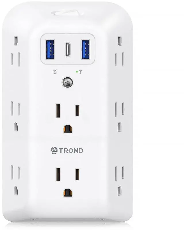 Main image of TROND Surge Protector 8 Outlet Extender - Multi Plug Wall Outlet with 3 USB | Widely Spaced Power Strip with ON/Off Switch, 1440 Joules, USB Wall Charger for Home Bathroom Kitchen Dorm