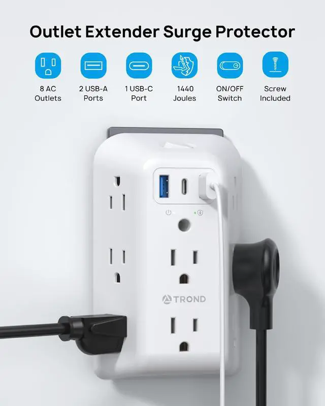 Alt view image 2 of 7 - TROND Surge Protector 8 Outlet Extender - Multi Plug Wall Outlet with 3 USB | Widely Spaced Power Strip with ON/Off Switch, 1440 Joules, USB Wall Charger for Home Bathroom Kitchen Dorm