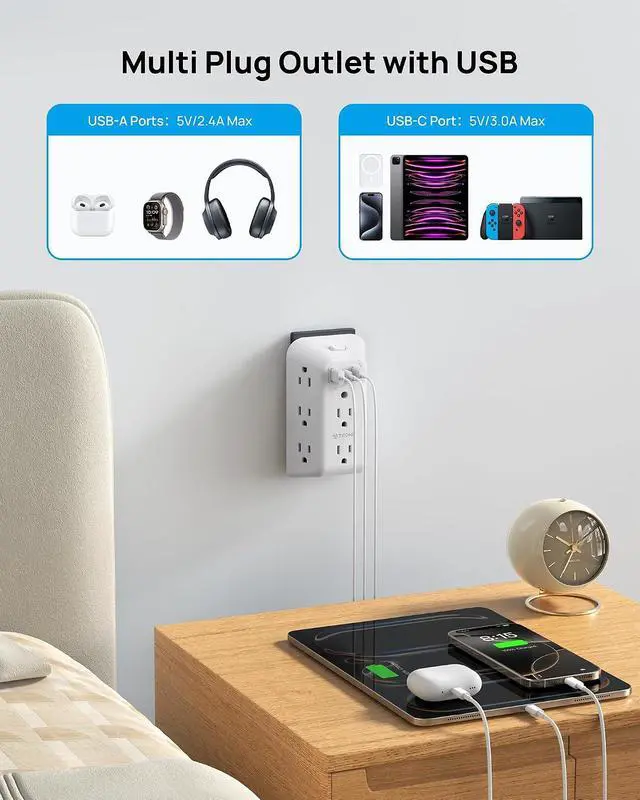Alt view image 3 of 7 - TROND Surge Protector 8 Outlet Extender - Multi Plug Wall Outlet with 3 USB | Widely Spaced Power Strip with ON/Off Switch, 1440 Joules, USB Wall Charger for Home Bathroom Kitchen Dorm