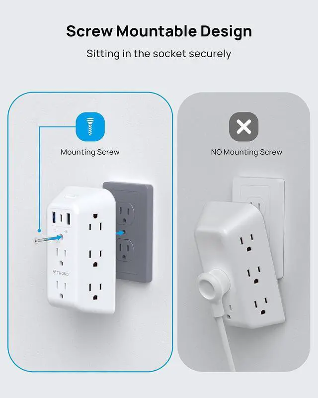 Alt view image 5 of 7 - TROND Surge Protector 8 Outlet Extender - Multi Plug Wall Outlet with 3 USB | Widely Spaced Power Strip with ON/Off Switch, 1440 Joules, USB Wall Charger for Home Bathroom Kitchen Dorm