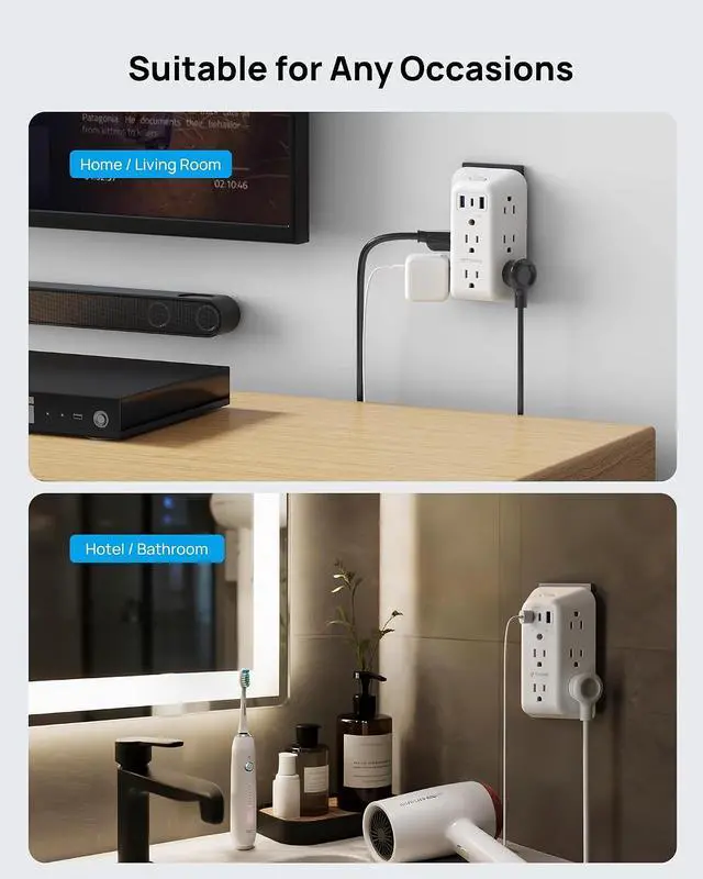 Alt view image 7 of 7 - TROND Surge Protector 8 Outlet Extender - Multi Plug Wall Outlet with 3 USB | Widely Spaced Power Strip with ON/Off Switch, 1440 Joules, USB Wall Charger for Home Bathroom Kitchen Dorm
