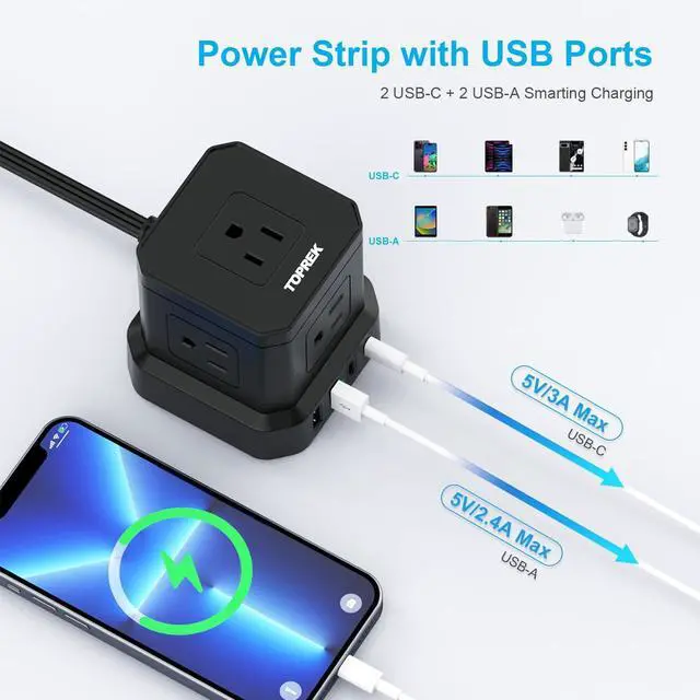 Alt view image 3 of 7 - Power Strip with USB, USB C (3.0A) Power Strip with 5 Outlets, 2 USB-C & 2 USB-A, 5 FT Flat Extension Cord with Ultra Thin Flat Plug, Surge Protector Compact for Home Office, Dorm, Hotel Travel