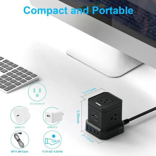 Alt view image 5 of 7 - Power Strip with USB, USB C (3.0A) Power Strip with 5 Outlets, 2 USB-C & 2 USB-A, 5 FT Flat Extension Cord with Ultra Thin Flat Plug, Surge Protector Compact for Home Office, Dorm, Hotel Travel